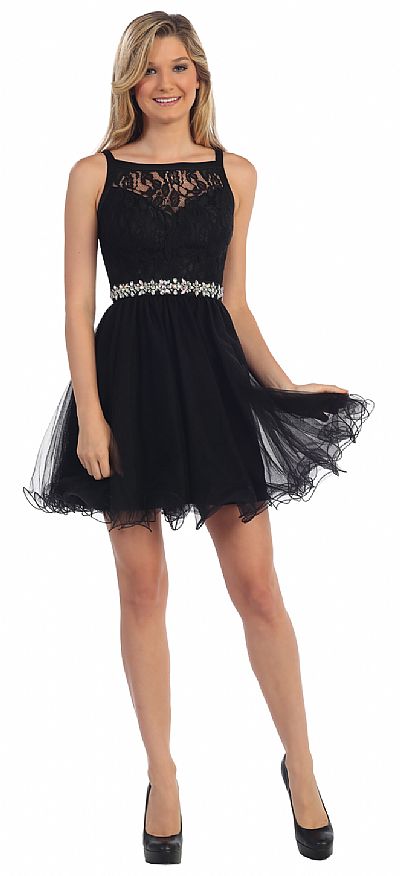 Lace Bodice Jewel Waist Short Tulle Homecoming Party Dress ...