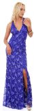Halter Neck Beaded Mesh Long Formal Prom Dress in Royal Blue