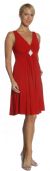 V-neck Short Party Dress with Brooch on Waistline in Red color