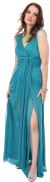 V-Neck Long Formal Dress with Cap Sleeves & Front Slit in Jade Green