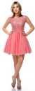 Main image of Bejeweled Short Party Prom Dress with Mesh Skirt