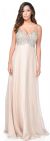 V-Neck Bejeweled Mesh Top Floor Length Formal Prom Dress in Beige