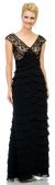 V-Neck Tiered Long Formal Prom Dress with Lace on Bust in Black