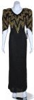 Long Formal Beaded Gown with Zig-Zag Pattern on Bodice in Black/Gold