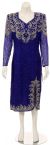 Tea Length Long Sleeves Petal Beaded Formal Dress in Royal Blue/Silver