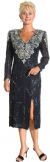 Full Sleeves Tea Length Silk Sequined Formal Dress with Slit in Navy/Silver