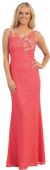 Round Neck Lace Formal Prom Dress with Floral Cutout Design in Coral