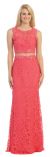 Sheer Lace Bejeweled Long Formal Evening Prom Dress in Coral