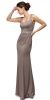 Wide V-Neck Beaded Waist Long Formal Prom Dress in Mocha