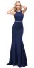 Scoop Neck Bejeweled Waist Racerback Long Prom Dress in Navy