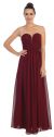 V-Neck Mesh Shoulders Shirred Bust Long Bridesmaid Dress in Burgundy