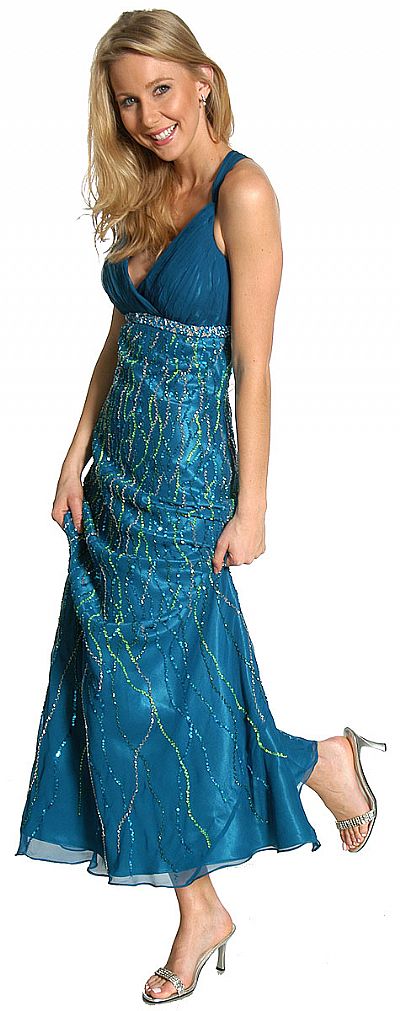 Deep V-Neck Crossed Back Sequined Long Formal Prom Dress 1085