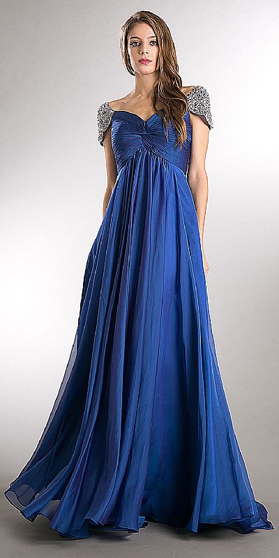 Bejeweled Sleeves Pleated Bust Long Formal Evening Dress a812