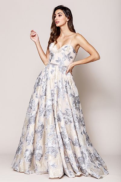 Floral Print and Embroidered Flared A-Line Prom Gown asu065