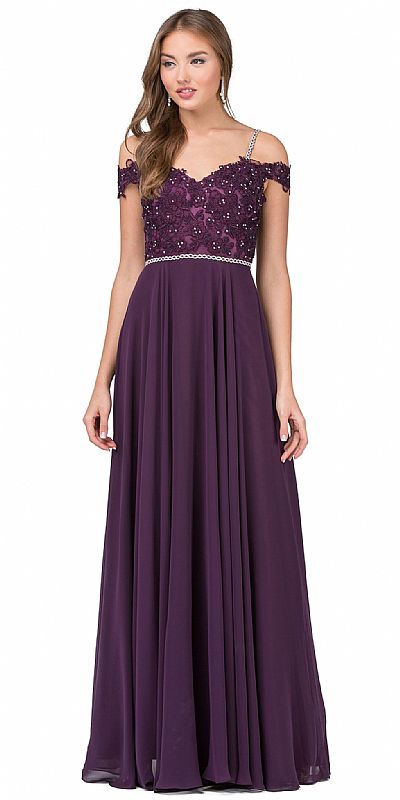 Cold Shoulder Beaded Lace Bodice Long Prom Dress p2327