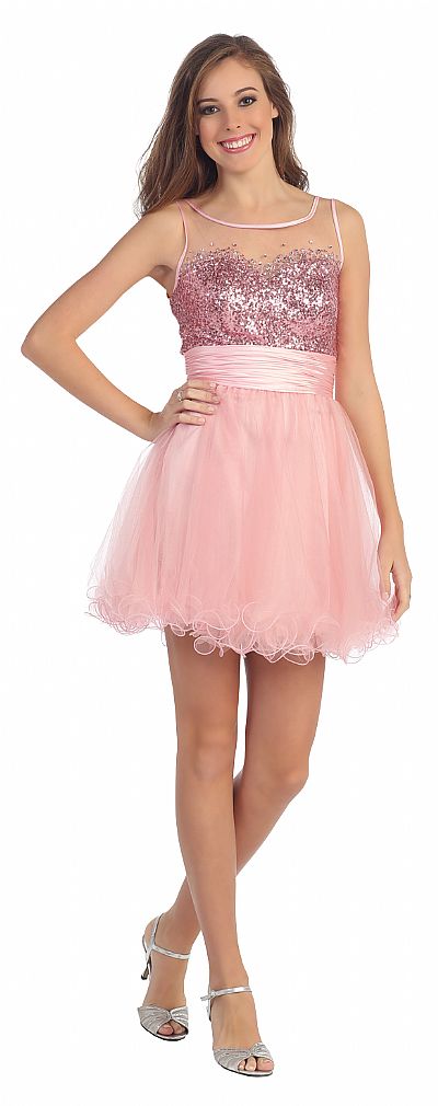 Round Neck Sequins Bust Tulle Short Party Prom Dress p8705