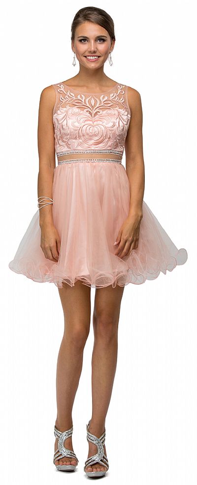 A-Line/Princess Plunge V-Neckline Sleeveless Short/Mini Party Dance Cocktail Homecoming Dress With Illusion Bodice, Appliques, Beadwork