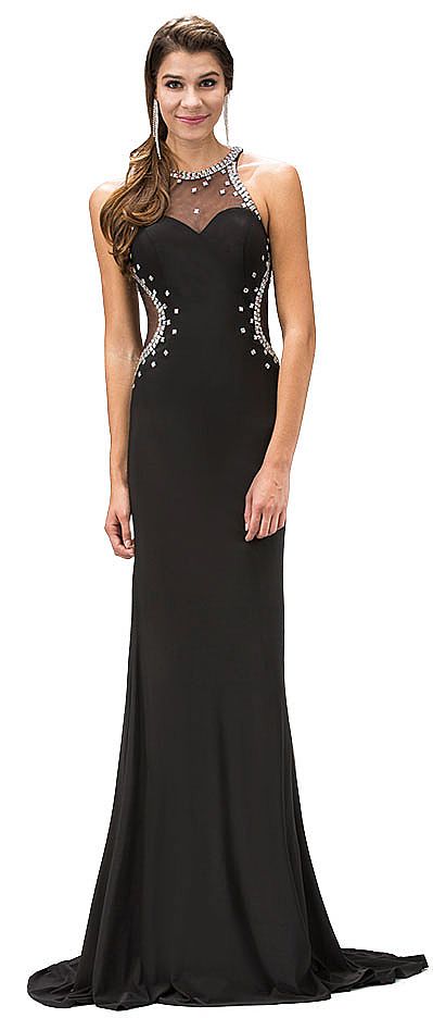 Bejeweled Sheer Mesh Top Floor Length Formal Prom Dress p9274