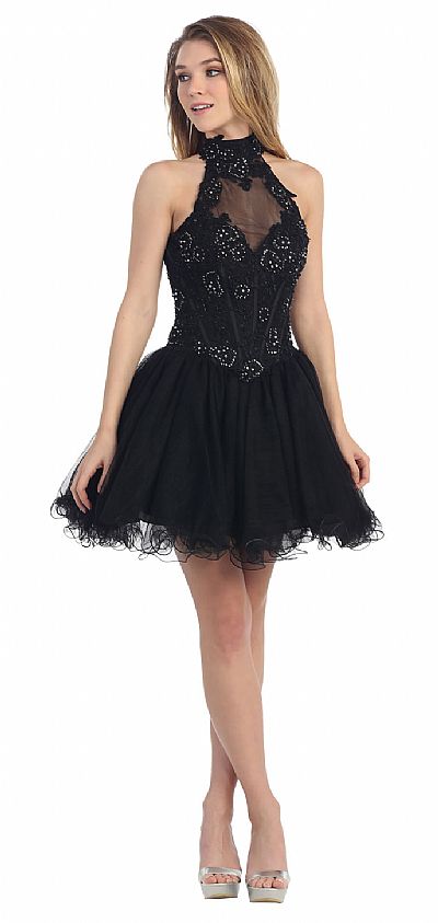 Halter Neck Lace Bodice Mesh Short Homecoming Party Dress pc6718