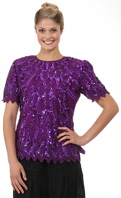 Round Neck Half Sleeves Sequined Blouse 4263