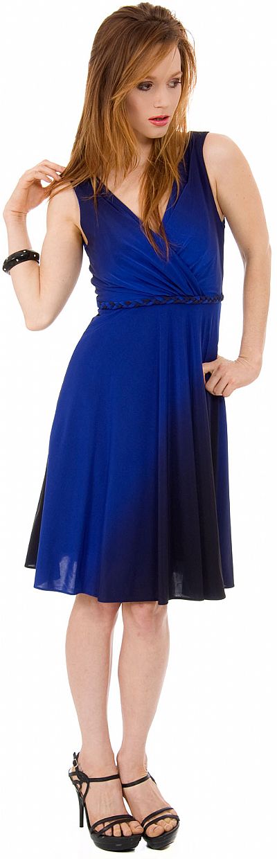 V-neck Short Sleeveless dress with Braid at waist 11346