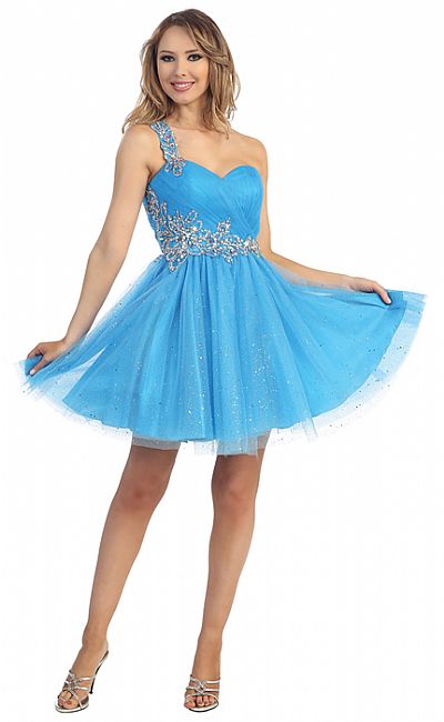 One Shoulder Glittery Mesh Beaded Short Prom Party Dress 45607