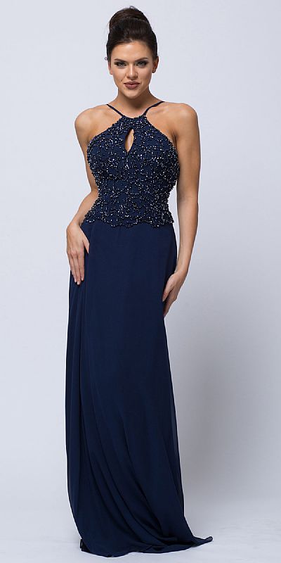 Beaded Halter Top Spaghetti Straps Long Formal Prom Dress a566
